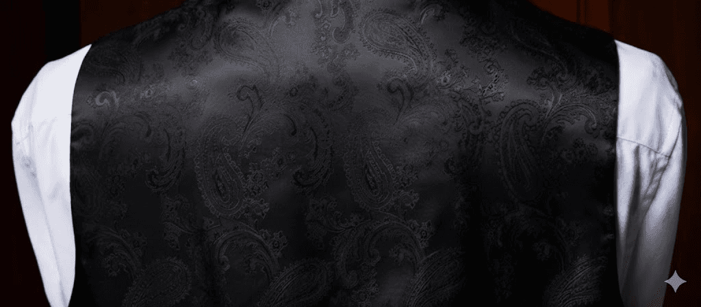 Luxurious black paisley vest showcasing fine bespoke tailoring